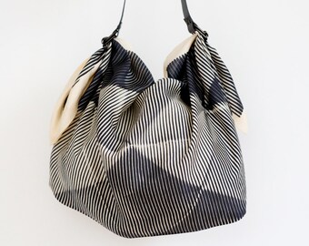 Folded paper furoshiki bag (black) & Leather carry strap set