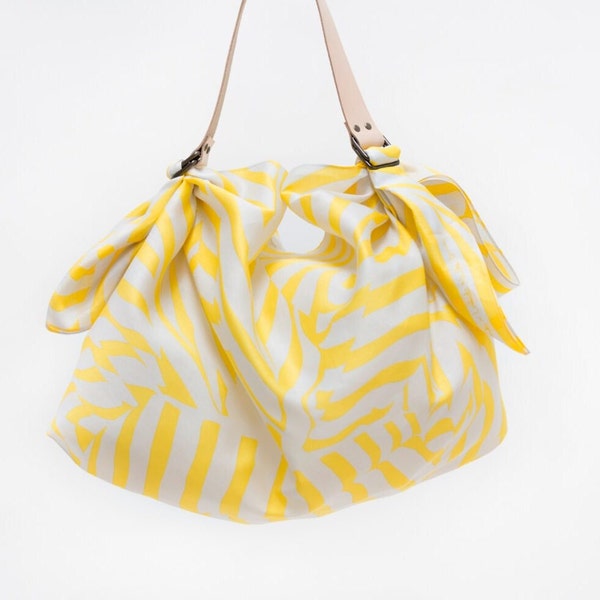 Stripe Yellow Furoshiki &  Leather Carry Strap Set