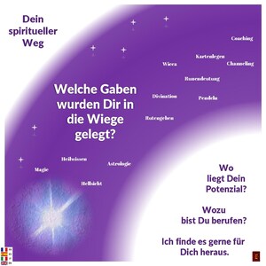 Puede incluir: Un gráfico morado con texto en blanco: Dein spiritueller Weg, Welche Gaben wurden Dir in die Wiege gelegt?, Coaching, Kartenlegen, Channeling, Wicca, Runendeutung, Divination, Pendeln, Rutengehen, Magie, Heilwissen, Astrologie, Hellsicht, Wo liegt Dein Potenzial?, Wozu bist Du berufen?, Ich finde es gerne für Dich heraus. Una estrella blanca brillante se encuentra en la esquina inferior izquierda.
