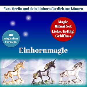 Può includere: L'immagine presenta tre statuette di unicorno in oro, nero e argento. Il testo include "Magia Unicorno" e "Set rituale magico, Amore, Successo, Flusso di denaro". Lo sfondo è un gradiente blu.