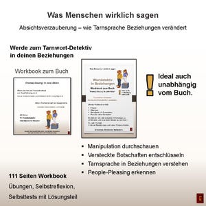 May include: A workbook with the title "Word Detective in Relationships" is displayed on a white background. The text includes "Workbook zum Buch" and bullet points about understanding manipulation and hidden messages. The image also features the text "111 Seiten Workbook".