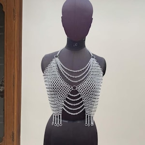 Medieval Chainmail Top – Medieval Renaissance Chainmail with Draping Chains – Mesh Halter Bralette For Women Cosplay Fantasy Wear, Halloween