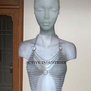 Handcrafted Medieval Chainmail Bikini Top - Unique Silver Metal Mesh with Decorative Chains, Cosplay, LARP, Fantasy Fashion, Halloween