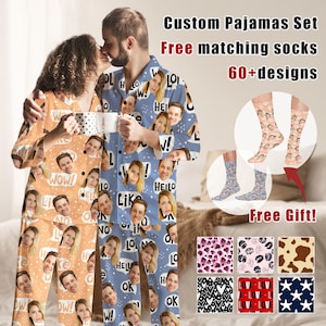 May include: Custom pajama sets with matching socks, featuring a repeating pattern of faces and speech bubbles. The pajamas are available in orange and blue, with the text "WOW!", "HELLO", "LIKE", and "OK" visible. The image also shows several sock designs.