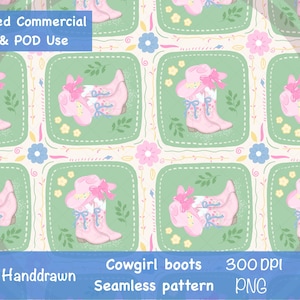 Modèle sans couture de cow-girl PNG, bottes de cow-girl roses & chapeau patchwork, motif floral pastel country, impression tissu western rétro