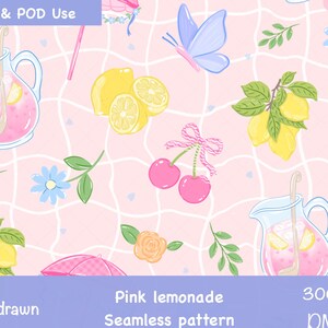 Pink Lemonade Seamless Pattern PNG, Summer Lemon Cherry Floral Pattern, Cute Girly Pool Tile Print, Preppy Summer fabric design