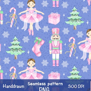 Christmas Nutcracker & ballerina Seamless Pattern PNG, Preppy Pink Candy Cane repeating Pattern, Fabric Print Design