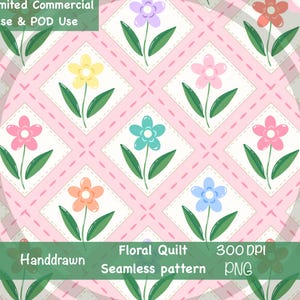 Geometric Floral Seamless Pattern PNG , Hand Drawn Floral Quilt Pattern, Cute Spring Flower Patchwork Print, Fabric Print Design