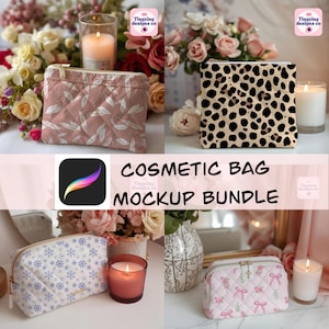 May include: A cosmetic bag mockup bundle featuring four different designs. The bags include a pink quilted bag with a leaf pattern, a black and tan leopard print bag, a blue and white snowflake pattern bag, and a pink bag with bows. The text "Cosmetic Bag Mockup Bundle" is also visible.