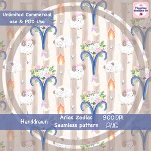 Könnte beinhalten: Ein handgezeichnetes nahtloses Muster des Sternzeichens Widder mit weißen Schafen, blauen Widder-Symbolen, Blumen und Monden. Das Design enthält den Text "Unlimited Commercial use & POD Use", "Handdrawn", "Aries Zodiac Seamless pattern", "300 DPI" und "PNG".