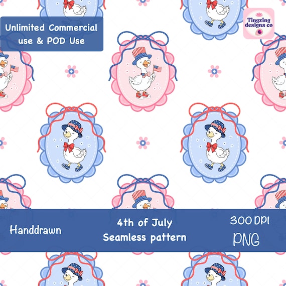 4th of July Goose Seamless Pattern, 4th of July Duck Pattern, Americana Goose print, Coquette Patriotic Fabric Print