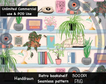 Wzór bezszwowej półki na książki w stylu retro, cyfrowy papier z motywem przytulnego kota, nadruk w stylu vintage do dekoracji wnętrz, wzór nadruku na tkaninie dla miłośników książek