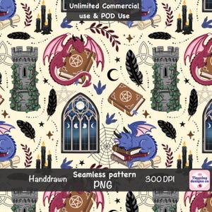 May include: A seamless pattern featuring illustrations of pink and blue dragons, stone towers covered in ivy, brown spellbooks with pentagrams, black candles, black feathers, spiderwebs, and gothic arched windows on a cream background.