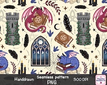 Dark Fantasy Dragon Academy Seamless Pattern PNG, Dark romance Bookish Repeating Pattern, Sublimation Design
