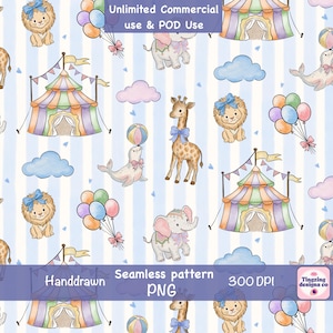 May include: A seamless pattern featuring watercolour illustrations of circus tents, lions with blue bows, giraffes, elephants, seals balancing balls, and colourful balloons on a light blue and white vertical striped background with small blue hearts.
