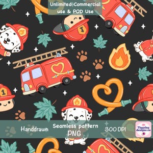 May include: A seamless pattern on a black background featuring cartoon illustrations of red fire trucks with ladders, dalmatian puppies wearing red fire helmets, orange fire hoses shaped like hearts, flames, paw prints, and light blue maple leaves.