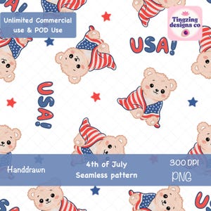 4th of July Seamless Pattern PNG, Patriotic Teddy Bear Pattern, USA Baby Fabric Print, Red White Blue print, Commercial Use