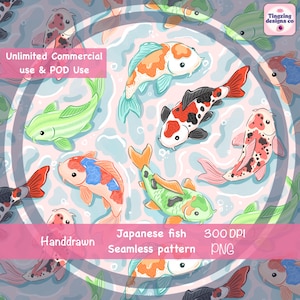 May include: A seamless pattern of hand-drawn Japanese koi carp in shades of orange, red, green, and black, set against a light blue water background. The design includes text that reads "Unlimited Commercial use & POD Use" and "Japanese fish Seamless pattern".