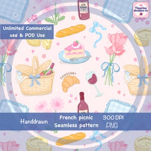 Picnic girl Seamless Pattern, French Picnic Basket Romantic Toile Floral design, Cottagecore fabric Sublimation Design