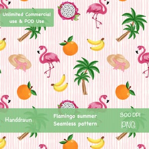Patrón sin costuras de flamenco dibujado a mano, estampado de palmera de frutas de verano, diseño de fruta de dragón, plátano, naranja, diseño de tela para niños, uso comercial