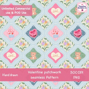 Teddy Bear Valentine Seamless Pattern | Pastel Patchwork, Love Letter (PNG Digital Paper)