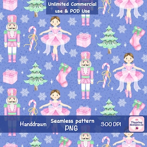 Patrón PNG sin costuras de Cascanueces y bailarina navideños, Patrón repetitivo de bastón de caramelo rosa estilo preppy, Diseño de estampado de tela