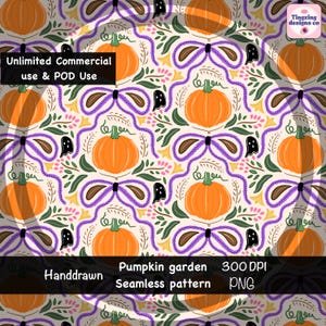 May include: A seamless pattern with orange pumpkins, purple bows, and black ghost illustrations on a cream background. The design includes the text "Pumpkin garden" and "Seamless pattern". The image also includes the text "Unlimited Commercial use & POD Use".