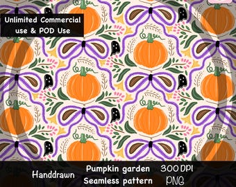 Jesienny wzór dyni w formacie PNG, uroczy wzór dyni na Halloween, ręcznie rysowany wzór kwiatów jesiennych, upiorny jesienny nadruk sublimacyjny