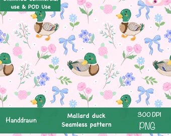 Wzór kaczki krzyżówki w formacie PNG, uroczy wzór kokardy z motywem kwiatowym i kaczki, nadruk vintage cottagecore, nadruk na tkaninie do pokoju dziecięcego w kolorze różowym
