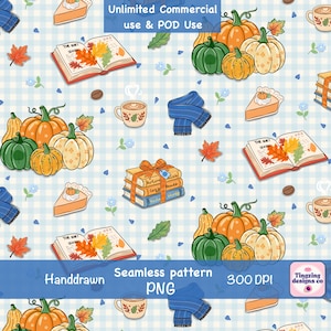May include: A seamless digital pattern featuring hand-drawn autumn elements on a light blue gingham background. The design includes orange and green pumpkins, open books titled The Quiet Season, slices of pumpkin pie, blue scarves, and coffee mugs.