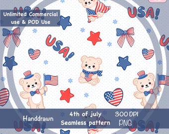 Motivo senza cuciture per il 4 luglio PNG Motivo orsacchiotto patriottico /Disegno su tessuto rosso e blu /Stampa bandiera americana /Stampa a sublimazione