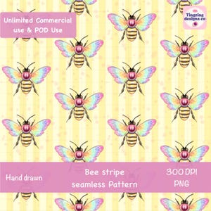 Bumblebee Seamless Pattern |Pastel rainbow wings bees pattern | Commercial use pattern PNG