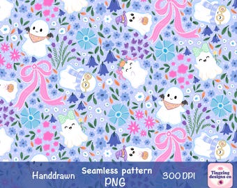 Kwiatowy duch bez szwu PNG, jesienny kwiatowy wzór do druku na tkaninie, pastelowy upiorny nadruk na Halloween