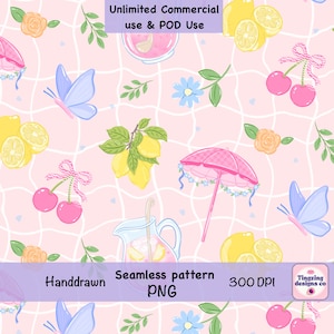 Pink Lemonade Seamless Pattern PNG, Summer Lemon Cherry Floral Pattern, Cute Girly Pool Tile Print, Preppy Summer fabric design