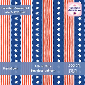 4. Juli Nahtlose Muster PNG | Vaterländische blaue Sterne und rote weiße Streifen | USA Flagge Aufdruck | Kommerzielle Nutzung
