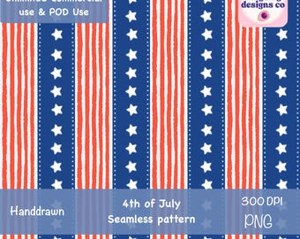 Motivo senza cuciture del 4 luglio in formato PNG / Stelle blu patriottiche e strisce bianche rosse / Stampa della bandiera degli Stati Uniti / Uso commerciale