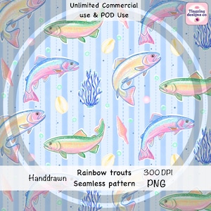 Puede incluir: Un patrón digital sin costuras con truchas arcoíris, coral azul y pequeñas conchas sobre un fondo de rayas verticales azul claro y blanco. El diseño incluye el texto Unlimited Commercial use & POD Use y Rainbow trouts.