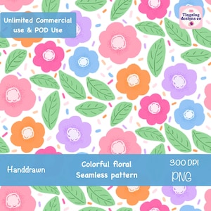 May include: A vibrant floral seamless pattern with hand-drawn flowers in shades of pink, orange, blue, and purple, alongside green leaves on a white backdrop. The image includes the text "Unlimited Commercial use & POD Use" and "Colorful floral Seamless pattern".