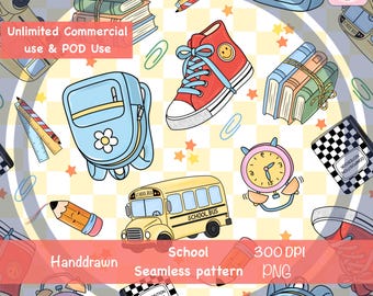 May include: A seamless pattern featuring hand-drawn school-themed illustrations. The design includes a yellow school bus, red sneakers with a smiley face, backpacks, books, pencils, rulers, and alarm clocks. The text in the image says "Unlimited Commercial use & POD Use", "Handdrawn", "School Seamless pattern", and "300 DPI PNG".