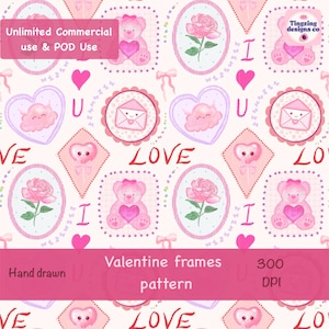 Preppy Love Frames-herhalingspatroon |  Roze en perzikkleurige teddybeer, cupidowolk, roos, preppy, png