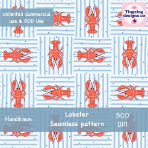 Hand-Drawn Lobster Seamless Pattern, Nautical Stripe Repeat (PNG Digital Download)
