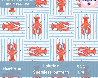 Hand-Drawn Lobster Seamless Pattern, Nautical Stripe Repeat (PNG Digital Download)