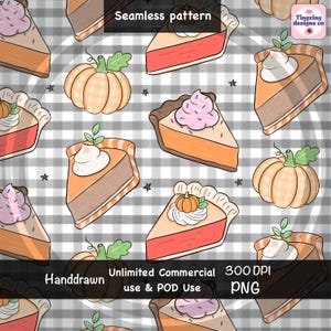 May include: A seamless pattern featuring hand-drawn illustrations of pumpkin pie slices with whipped cream and whole pumpkins on a gray and white checkered background. The image includes text reading Seamless pattern, Handdrawn, Unlimited Commercial use & POD Use, 300 DPI, PNG.