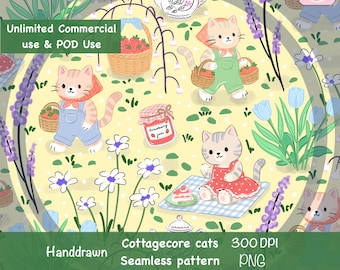 Plik bezszwowy Summer Cat w formacie PNG, powtarzający się wzór pikniku truskawkowego, kwiatowy nadruk Cottagecore Kitty, wzór tkaniny z nadrukiem zwierzęcym