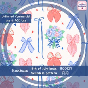 4th of July Bows Seamless Pattern PNG, Patriotic Coquette Bows Floral Print, American Bows Red Blue Ribbon, Fabric Sublimation Design