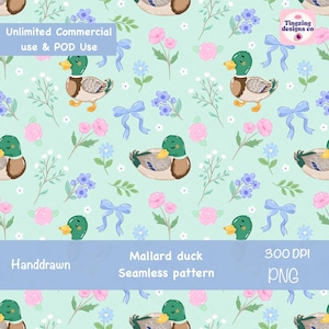 Mallard Duck Seamless Pattern PNG, Cute Duck Floral Bow Pattern, Vintage Cottagecore Print, Green Nursery Fabric Print