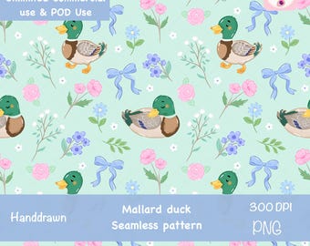 Wzór kaczki krzyżówki w formacie PNG, uroczy wzór kokardy z motywem kwiatowym i kaczki, nadruk vintage cottagecore, nadruk na zielonej tkaninie do pokoju dziecięcego