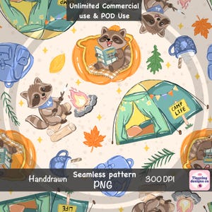 May include: A seamless pattern featuring cartoon raccoons, orange pumpkins, blue backpacks, green tents with a Camp Life sign, campfires, and blue mugs. The design includes autumn leaves, pine branches, and yellow stars on a light beige background.