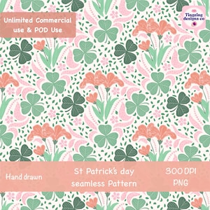 St Patrick Seamless Pattern PNG, Shamrock Floral Clover Repeat, Pastel Green Cottagecore Digital Paper