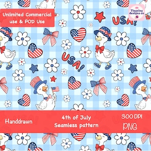 May include: A seamless 4th of July pattern featuring cartoon geese wearing patriotic hats and bow ties, surrounded by hearts, bows, stars, and flowers. The design includes the text "USA!" and "4th of July Seamless pattern".